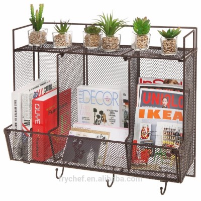 Country Rustic Large Wall Mounted Metal Wire Mesh 3 Compartment / 3 Hook Organizer Storage Rack